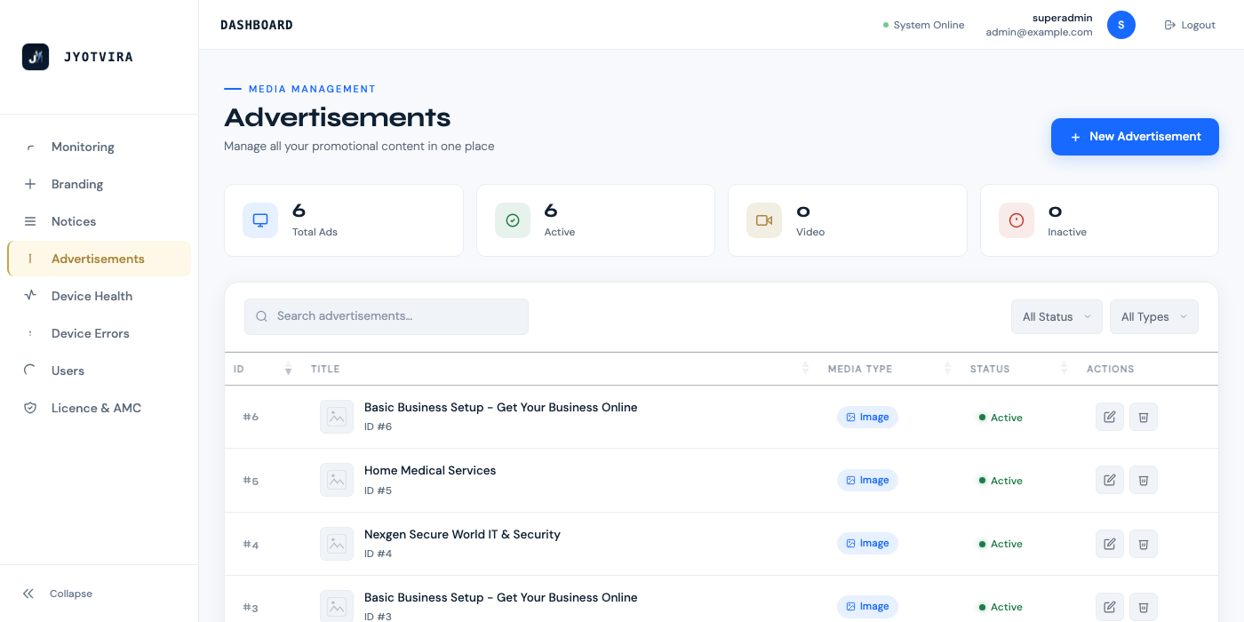 Media upload and management — images and videos stored centrally for reuse.