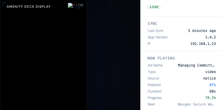 Android display player showing active content with local offline playback support.