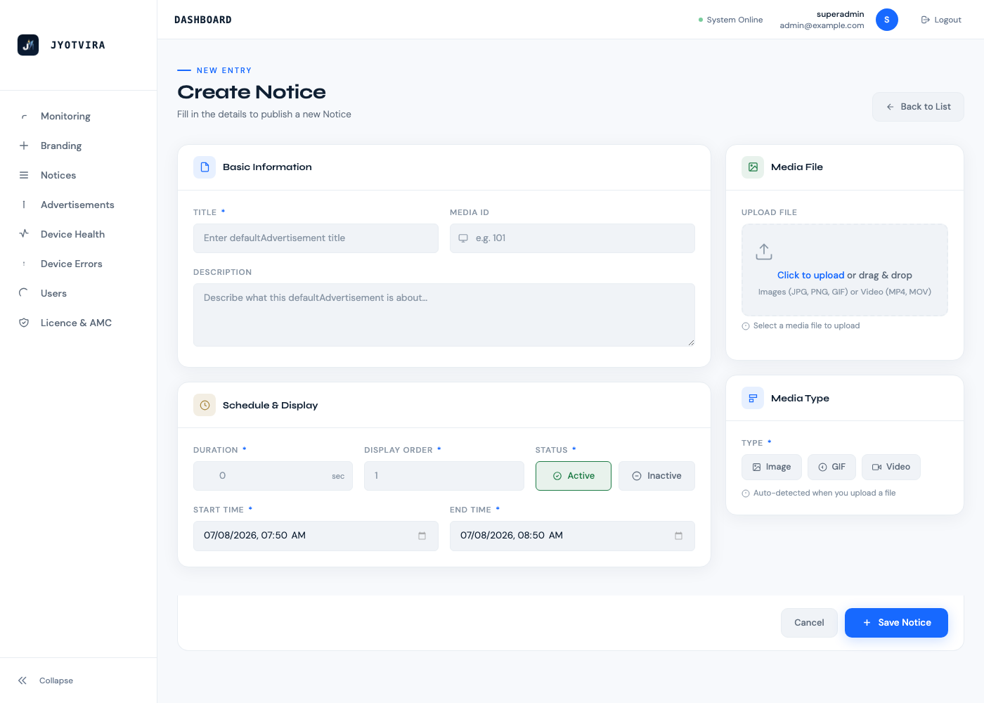 Schedule interface for assigning media items to screens with date and time control.